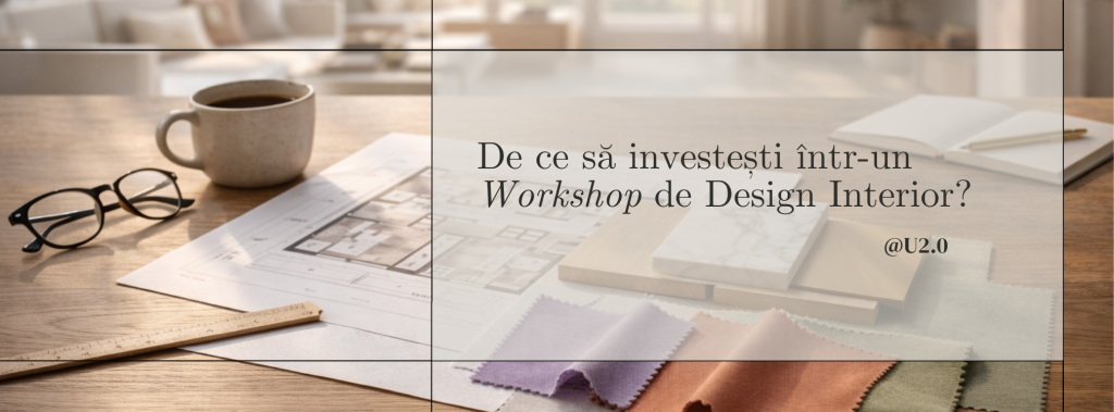 Workshop de Design Interior – birou de designer cu planuri arhitecturale, mostre de materiale și text „De ce să investești într-un Workshop de Design Interior?”