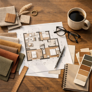 Birou de designer interior cu plan arhitectural, mostre de materiale în tonuri pământii, paletar de culori și cafea – concept pentru workshop de design interior