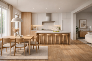 Bucătărie open-space modernă cu zonă de dining, design minimalist în tonuri neutre și accente din lemn natural