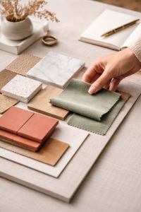 Designer interior aranjând un moodboard cu mostre de marmură, lemn stejar, catifea verde salvie și plăci terracotta