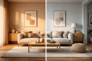 Living modern în stil scandinav, imagine comparativă cu lumină caldă de apus și lumină rece de dimineață, demonstrând cum se schimbă culoarea peretelui