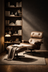 Fotoliu lounge de designer lângă bibliotecă minimalistă, iluminare dramatică tip chiaroscuro, interior sofisticat în stil dark academia